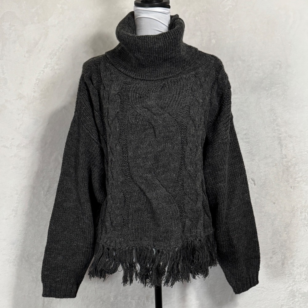 90s Oversized Cropped Cable Knit Turtleneck Sweater Sz M L Italy Wool Fringe